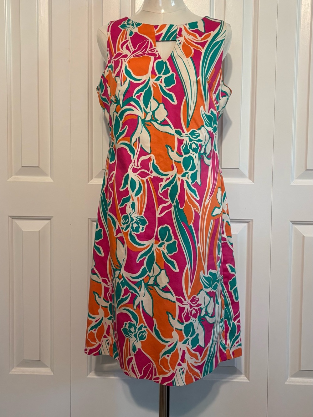ANNE KLEIN, Pink, Orange & Teal Floral Sheath Dress with pockets, Size 8